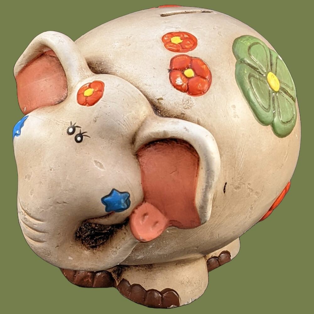 Vintage 1970s Flower Power Elephant Coin Bank